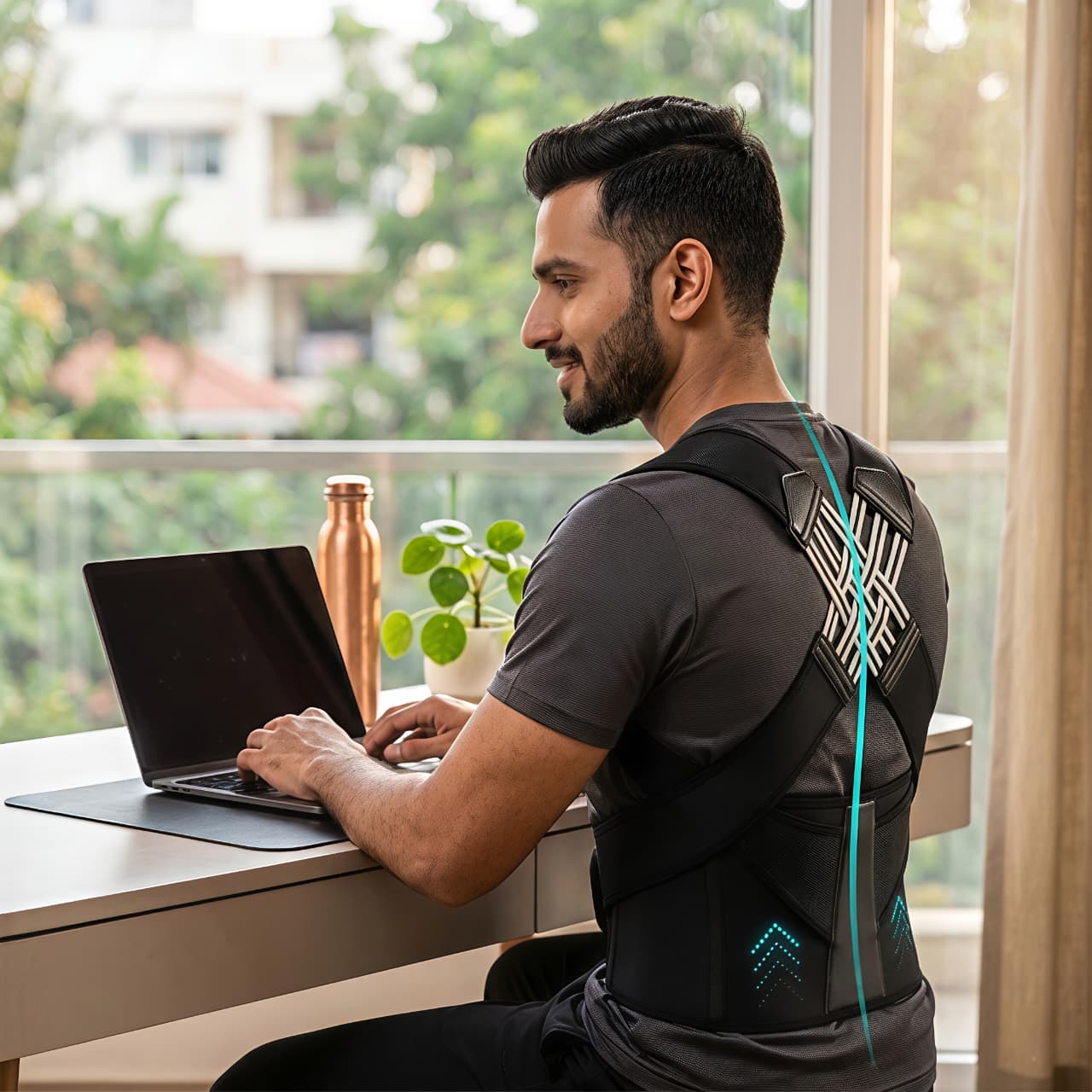 Man using a laptop with a back support device in a home office setting