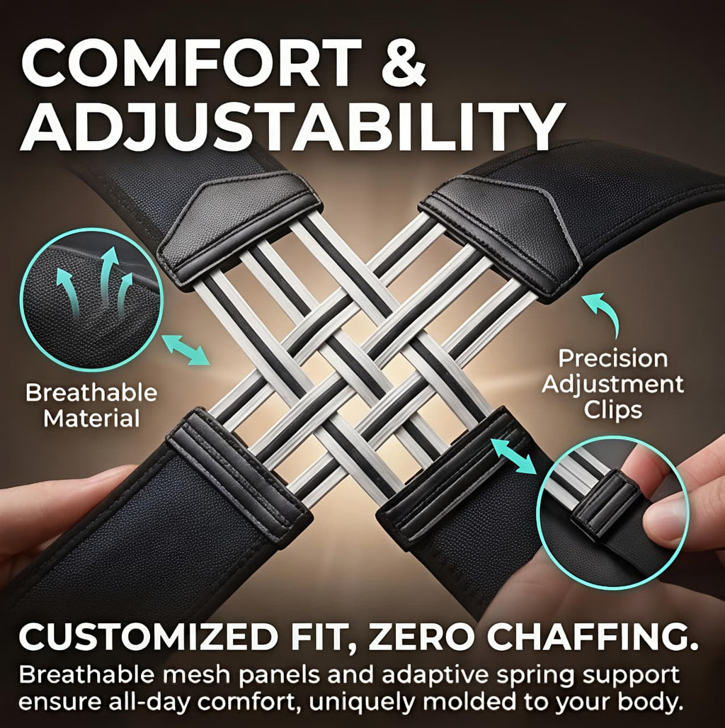 Black adjustable belt with text highlighting comfort, adjustability, and customization features.