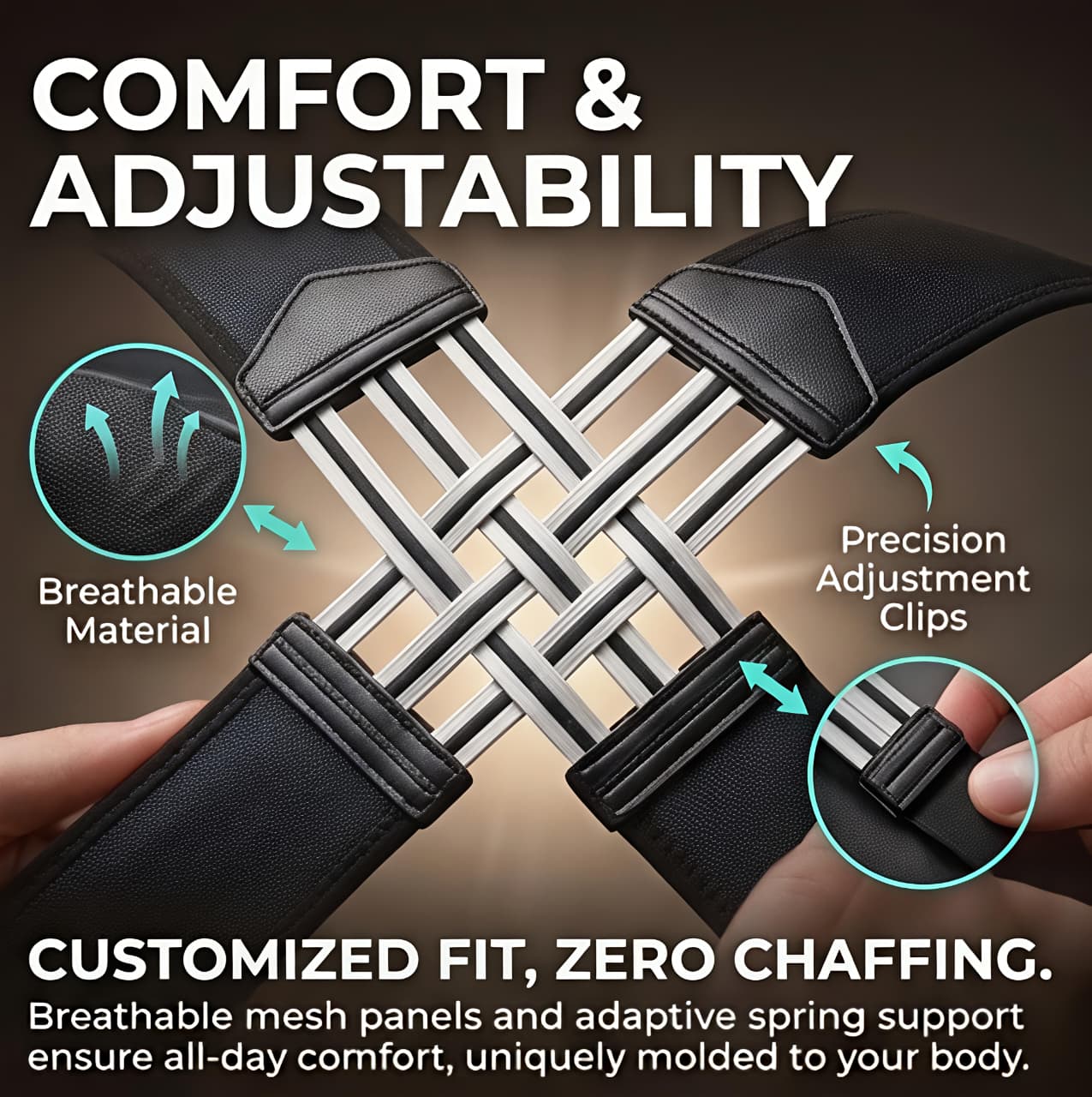 Black adjustable belt with text highlighting comfort, adjustability, and customization features.